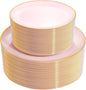 PULOTE 100PCS Pink Plastic Plates - Heavy Duty Pink and Gold Disposable for Party, Wedding, Valentines & Galentines Day, Include 50 Each (Dinner & Dessert) Plates