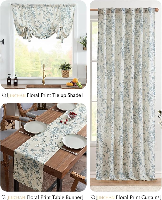 jinchan Blue Floral Linen Table Runner 13 x 108 Inch Farmhouse | Classic - Image 8