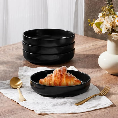 E-far Stoneware Pasta Bowls Set of 4, 35oz Double Reactive Black Glaze | Wide & - Image 6