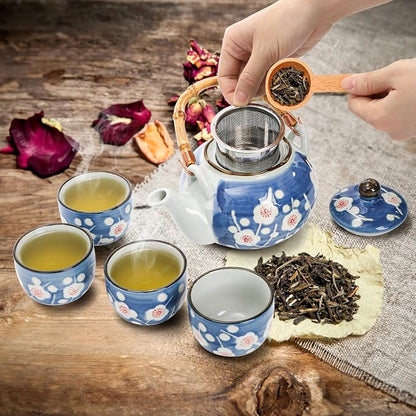 Japanese Tea Set, Ceramic Floral Tea Pot and 4 Pieces Cups | Traditional Bone - Image 7