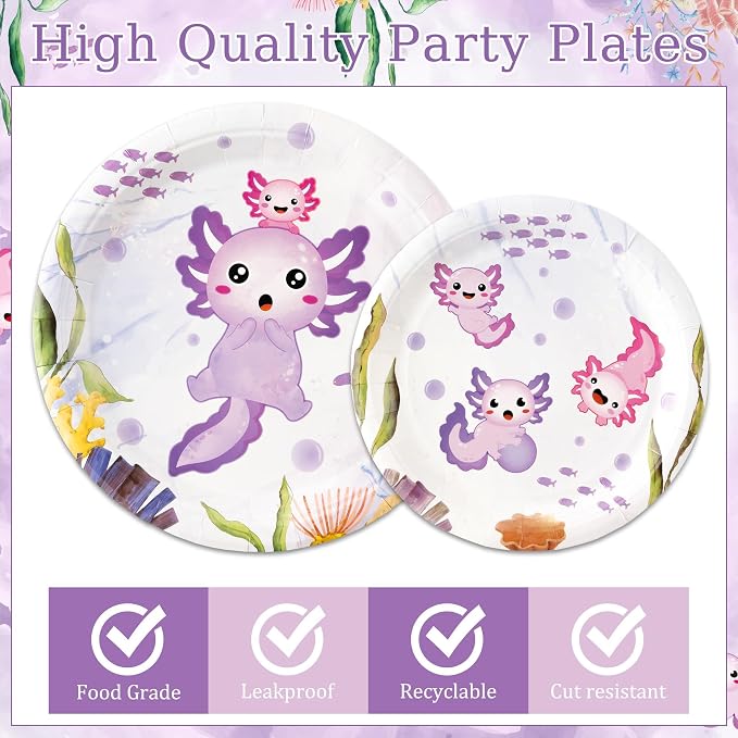 96Pcs Purple Axolotl Cute Cartoon Animals Party Plates Supplies Tableware - Image 3