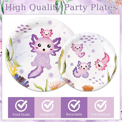 96Pcs Purple Axolotl Cute Cartoon Animals Party Plates Supplies Tableware - Image 3