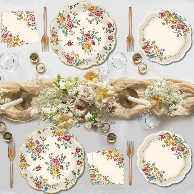 96 Pieces Vintage Floral Tableware Set – Disposable Paper Plates, and Forks - Image 5