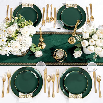 YOUBET 175PCS Green Plastic Plates - Green and Gold Disposable Plates Include 50 Plate, 75 Silverware, 25 Cups, 25 Napkins for Wedding & Party