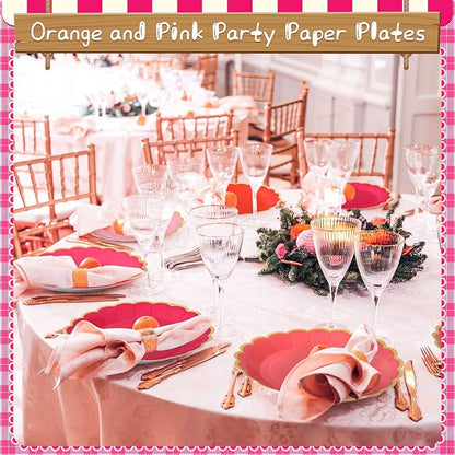 96 Pcs Pink and Orange Paper Plates 9 Inch Scalloped Paper Plates Disposable Dinner Dessert for Birthday Wedding Bridal Party Supplies, 6 Colors