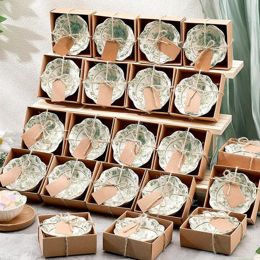 24 Pcs Wedding Favors for Guests Small Ceramic Bowl Bulk Gifts Set 3.3 Inch Floral Design Mini Dipping Sauce Dish with Card Box for Bridal Pooja Baby Shower Birthday Guest Gift (Sage Green)
