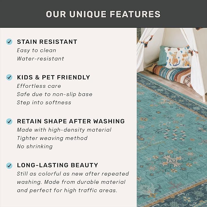 Washable 10x14 Teal Boho Living Room Rug - Geometric Floral Design Area Rug for Dining Room, Non Slip Soft Carpet for Large Bedroom, Low Pile & Stain Resistant Mats