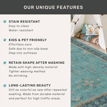 Boho Teal 6x8 Rug for Living Room, Washable Area Rugs for Bedroom, Dining Room Under Table, Vintage Turquoise Décor Indoor, Low Pile & Soft Carpet