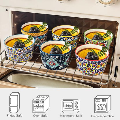 4 oz Ramekins Oven Safe for Creme Brulee – Porcelain Pudding & Custard Cups – Small Serving Bowls for Single-Serve Desserts, Dips & Sauces, Baking Ramekin Set of 6 – Bohemian Style