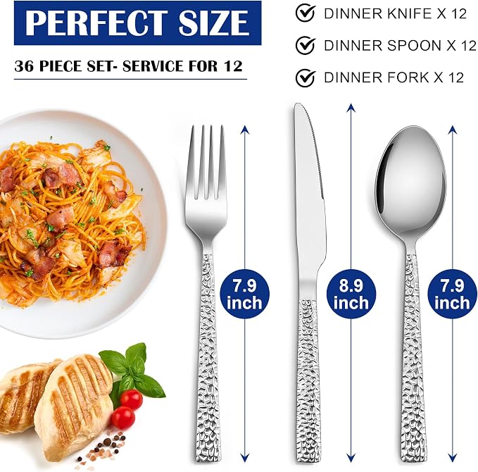 E-far 36-Piece Hammered Silverware Set, Stainless Steel Flatware Set - Image 2