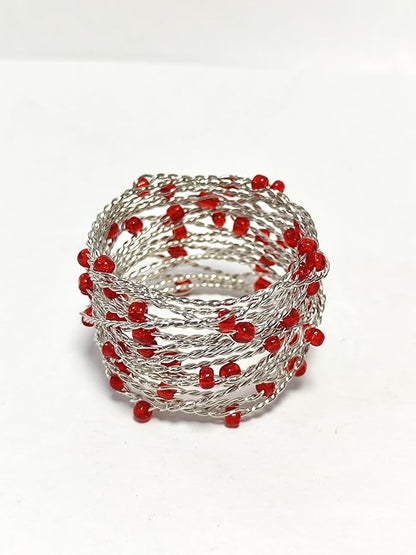 Silver Red Beaded Napkin Ring Set of 12 - Beautiful Fancy Elegant Decorative Napkin Holder for Dinner Table Decoration, Christmas, Farmhouse, Wedding, Party, Family Gathering, New Year & Everyday Use