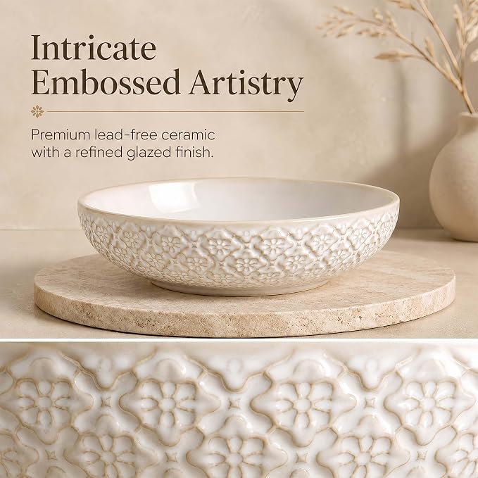8 inch Pasta Bowls, 22 Oz Ceramic Serving Bowls Set of 4, Embossed Porcelain - Image 5