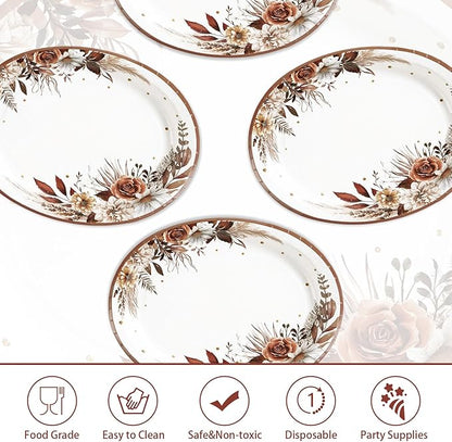 Grencian 50Pcs Fall Boho Floral Oval Paper Plates 10" x 12" Large Disposable Heavy Duty Fall Boho Rustic Dark Flower Tableware Dessert Plates for Autumn Thanksgiving Birthday Wedding Party Supplies