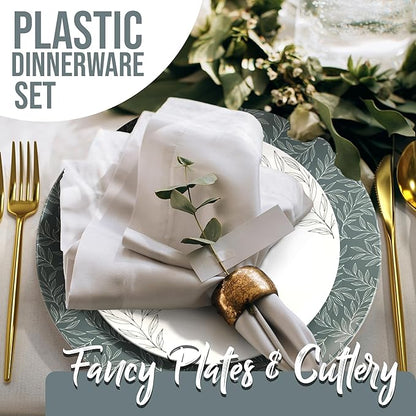 Trendables Fancy Plastic Dinnerware Sets 100 Pc Set 20 Guests Gold Silverware Disposable 20 X 10 Inch Charger Plates 20 X 8 Inch Dessert Plates 20 x Gold Plastic Forks and Spoons Knives In Aleh
