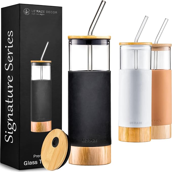 Le'raze Premium 20oz Glass Tumbler Cup Straw Bamboo Lid Base Protective by LERAZE