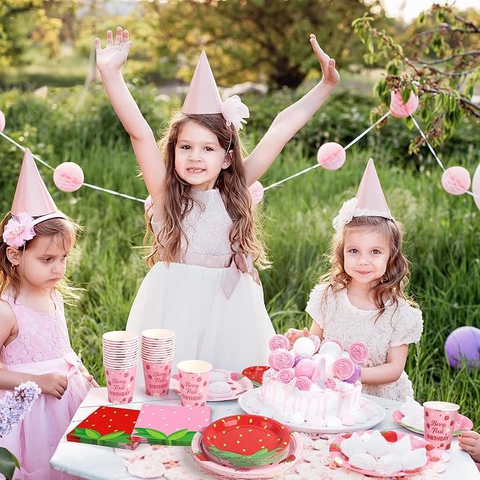 Kochorie 96 Pieces Berry First Birthday Decor Disposable Strawberry Tableware - Image 6