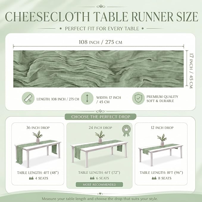 2 Pack Sage Green Cheesecloth Table Runner 17x108 Inch Boho Rustic Semi Sheer - Image 4