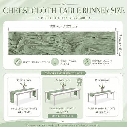 2 Pack Sage Green Cheesecloth Table Runner 17x108 Inch Boho Rustic Semi Sheer - Image 4