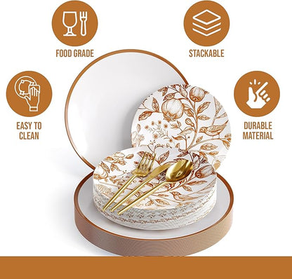 Trendables Fancy Plastic Dinnerware Sets 100 Pc Set 20 Guests Gold Silverware Disposable 20 X 10 Inch Charger Plates 20 X 8 Inch Dessert Plates 20 x Gold Plastic Forks and Spoons Knives In Pomegranate