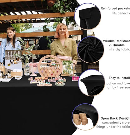 Nasitos 2 Pack Black Table Cloth Rectangle - 8 ft Spandex Stretch Tablecloths Fitted, Washable, Wrinkle-Free for Parties, Banquet & Trade Shows