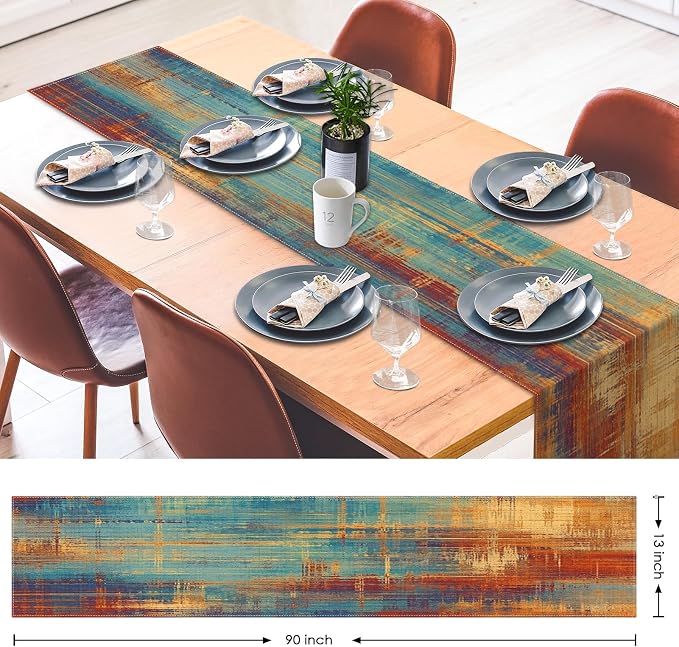 Emvency Table Runner, 13x90 Inch, Abstract Vintage Blue | Rust Painting Dining - Image 2