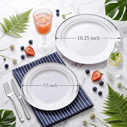 120PCS Plastic Plates White Silver Rim - Image 11