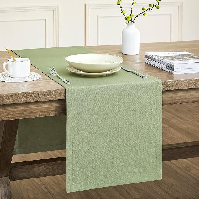 Basic Linen Style Table Runner, 14x60 Inch Sage Green | Mitered Corner Design by ZEEMARTONLINE
