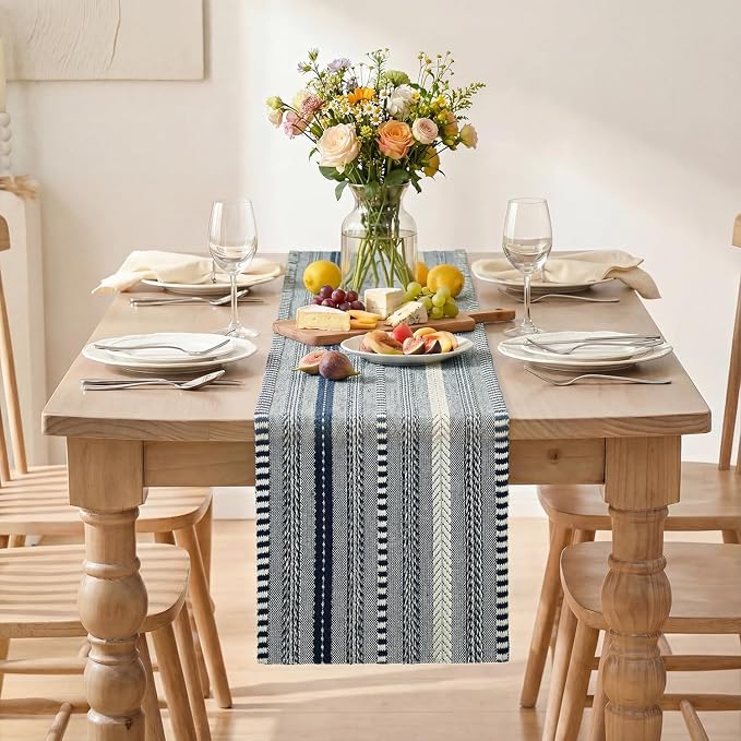 Artoid Mode Dark Blue Farmhouse Stripe Braided Table Runner 12x90 Inch | - Image 2
