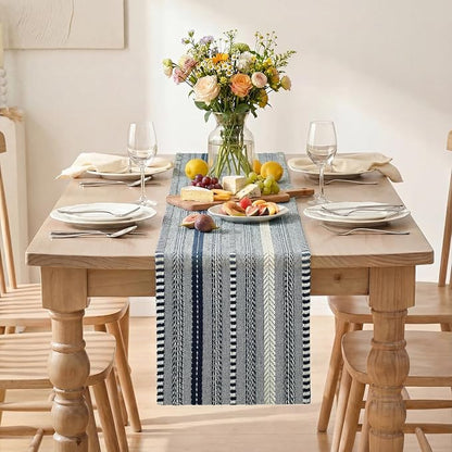 Artoid Mode Dark Blue Farmhouse Stripe Braided Table Runner 12x90 Inch | - Image 2