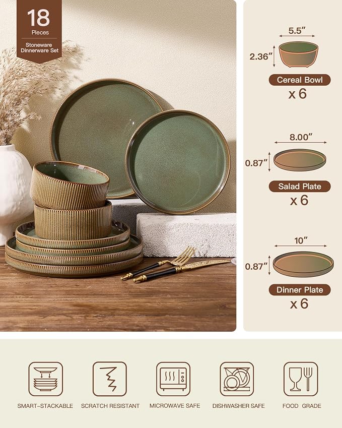 Dinnerware Set for 6, Ceramic Ribbed Plates, Dishes | 18-Piece Stoneware Dinner - Image 7