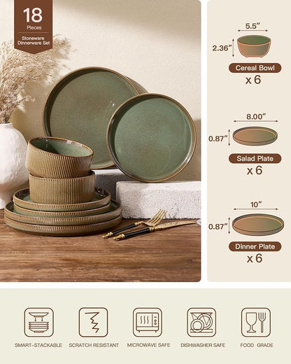 Dinnerware Set for 6, Ceramic Ribbed Plates, Dishes | 18-Piece Stoneware Dinner - Image 7