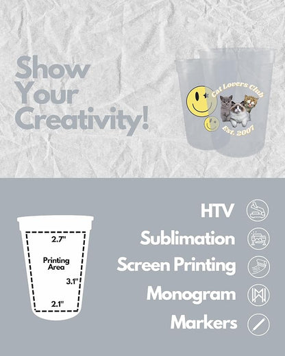 PartyPrints 100 Pack Small 10 to 12 oz Clear Reusable Blank Plastic Cups - Image 4