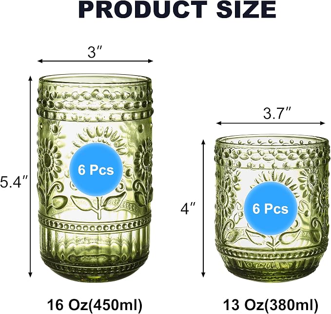 Green Drinking Glasses Set of 12, 16 Oz Highball & 13 Oz Cocktail Glasses - Image 4