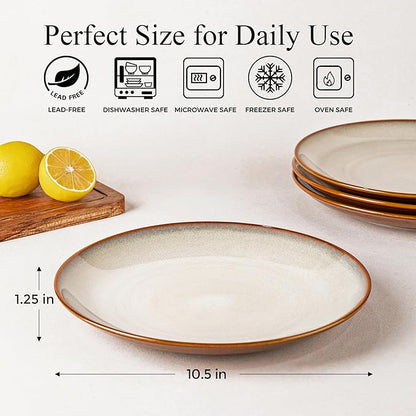 LERATIO Ceramic Dinner Plates Set of 6, 10.5 Inch Handmade Reactive Glaze Porcelain Plates, Coupe Shape Dinnerware Dishes Set for Kitchen,Oven& Microwave & Dishwasher Safe, Scratch Resistant-Kakhi