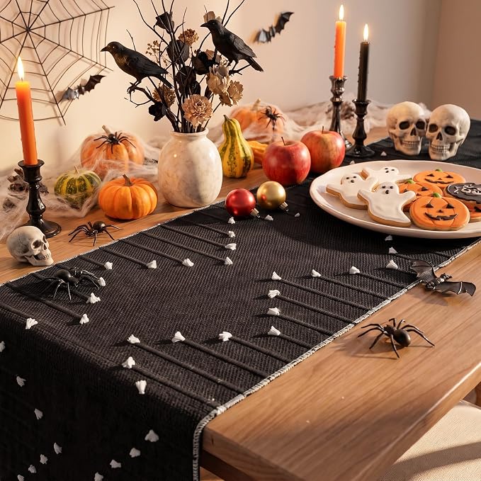 Artoid Mode Black Farmhouse Rustic Cotton Woven Table Runner, Seasonal - Image 4