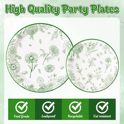96Pcs Sage Green Floral Party Plates Supplies Green Toile Chinoiserie Flower - Image 3