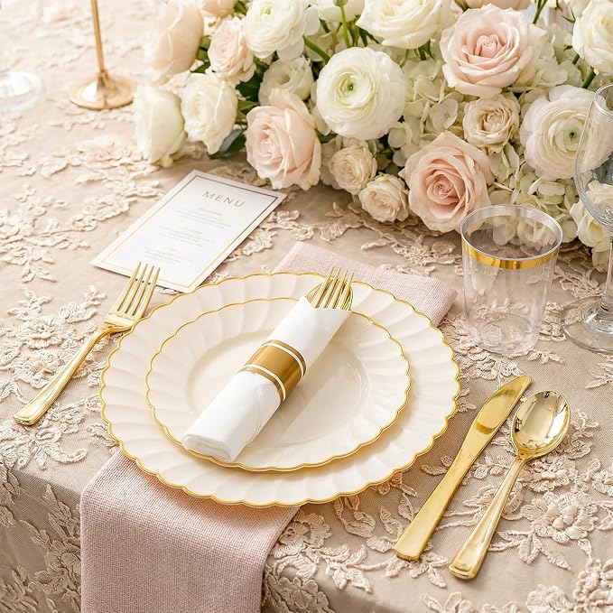 YOUBET 350PCS Ivory Scalloped Plastic Plates - Image 3