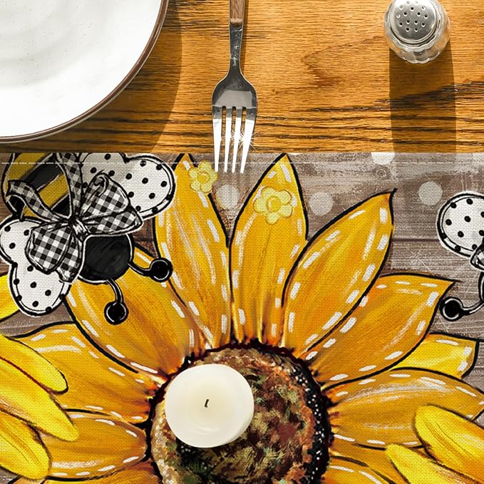 Artoid Mode Wood Sunflower Bee Flower Polka Dot Summer Table Runner, Seasonal - Image 7
