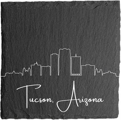 Blue Ridge Mountain Gifts - Tucson AZ Skyline Coasters, Set of 4 - Tucson Arizona Souvenir, Slate Coasters with Minimalist Skyline, Housewarming Gift for Friends, Family, & Neighbors