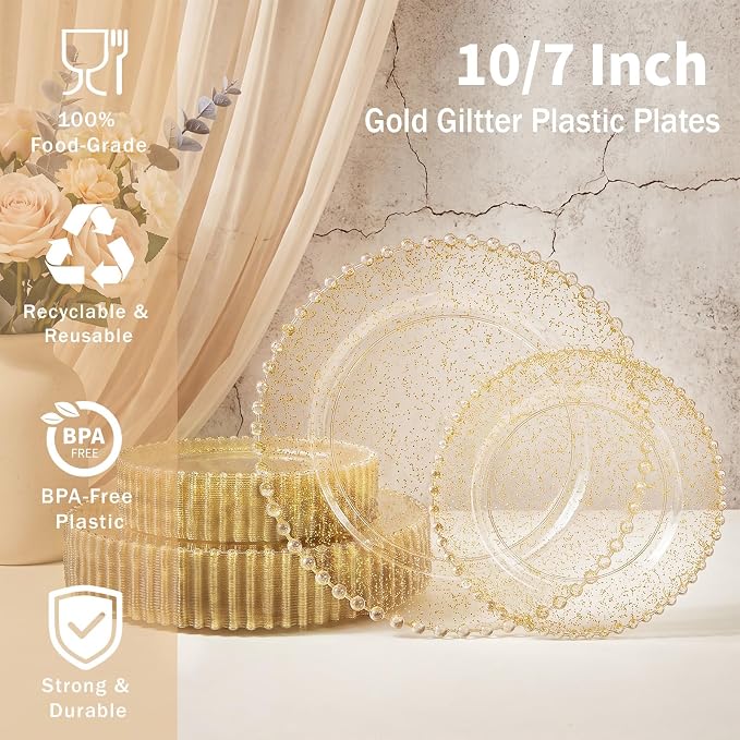 U-QE 60PCS Gold Glitter Plastic Plates, Beaded Plates Disposable Heavy Duty | - Image 5