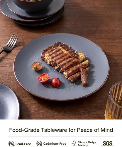 Famiware Venus Speckled Dinnerware Set with Pasta Bowls, Service for 6 (24 Pieces), Stoneware Plates and Double Bowls Sets, Microwave & Dishwasher-Safe Dishes with Trim, Matte Charcoal