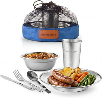 Unique Complete Messware Kit Polished Stainless Steel Dishes Set| Tableware| Dinnerware| Camping| Includes - Cups | Plates| Bowls| Cutlery| Comes in Mesh Bags