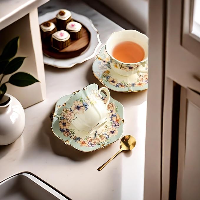 TATSUMI Country Roses Bone China Tea Cup and Saucer Set, 3 Pieces, Vintage Style - Image 5