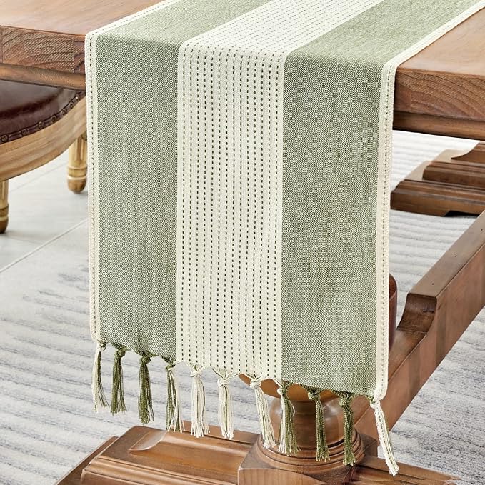 Wracra Linen Table Runner, Stripe Table Runners 72 Inches Sage Green | Delicate by Wracra