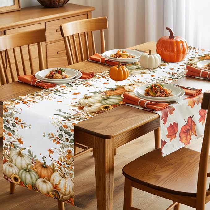 Fall Pumpkins Table Runners 72 Inches Long, Thanksgiving Maple Leaf Cotton - Image 7
