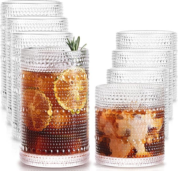 Drinking Water Glass Cups Set, Crystal Hobnail Glass set of 8, 15oz&12oz | by LUNAMANTHA