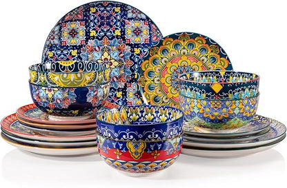 Sweejar Ceramic Dinnerware Sets for 6,18 Pieces Boho Plates and Bowls for Kitchen,Housewaring Gift,Bohemian Style Dish Set,Dishwasher and Microwave Safe(Colorful)