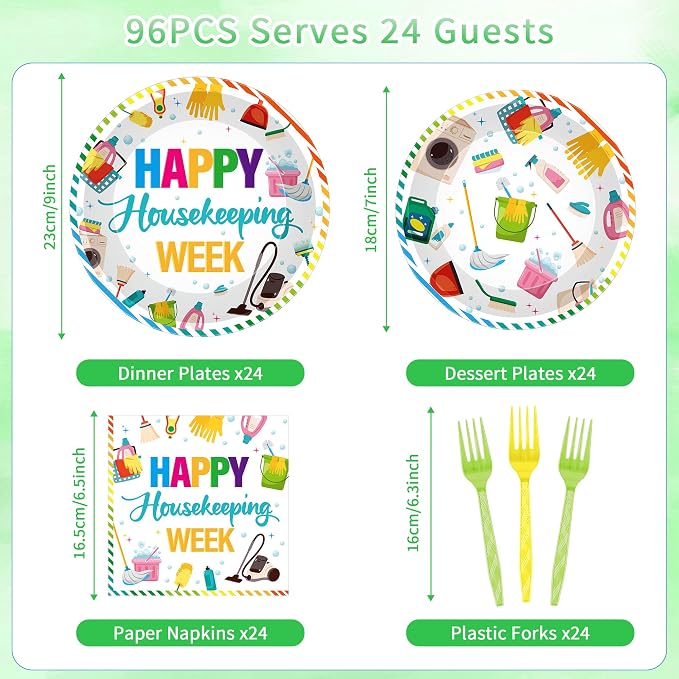 96Pcs Housekeeping Week Decorations, Cleaning Icons Plates Napkins Forks - Image 2