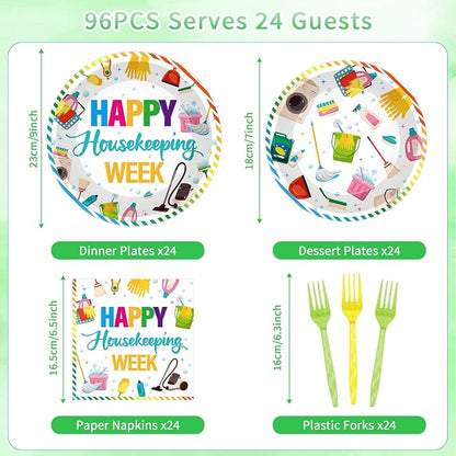 96Pcs Housekeeping Week Decorations, Cleaning Icons Plates Napkins Forks - Image 2