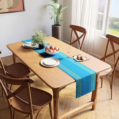 Encasa XO Table Runner, Yarn Dyed Ribbed Cotton 13"x72" | Ladder Turq Blue - Image 2